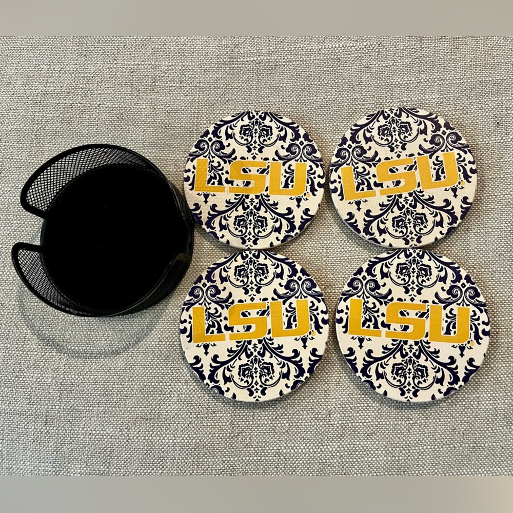 LSU Coasters with Cork Back and Metal Holder